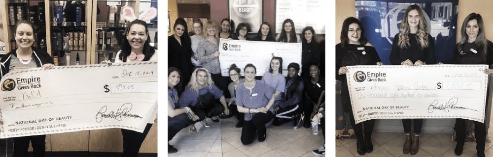 Empire Beauty School students holding checks for donations to local women's shelters